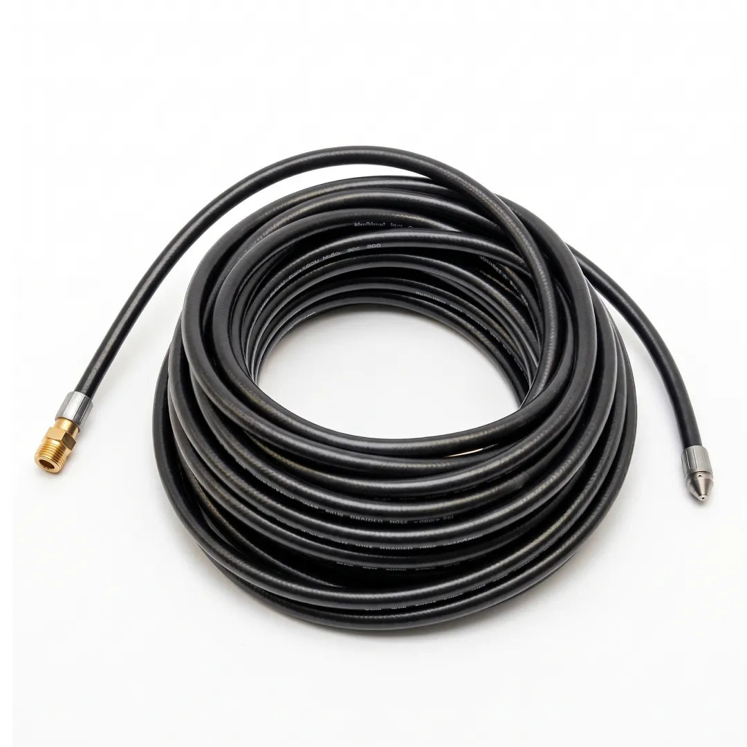 Drain Cleaning Jetter Hose & Trigger Gun Kit, 30 Foot - Retrojet Nozzle, coiled black hose with brass connector and silver Retrojet nozzle