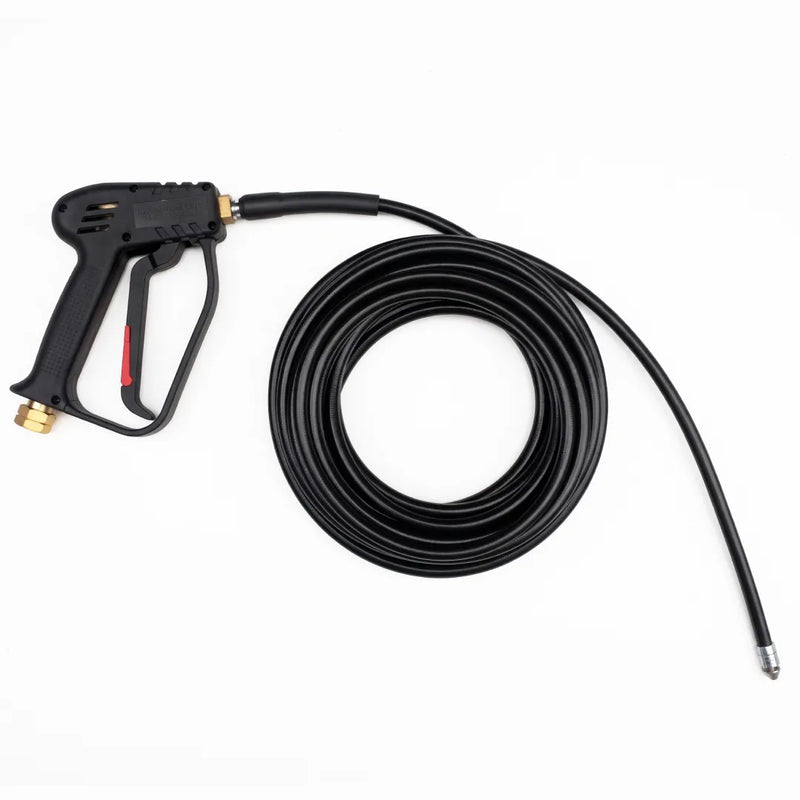 Drain Cleaning Jetter Hose & Trigger Gun Kit, 30 Foot - Retrojet Nozzle, black trigger gun attached to coiled hose with a silver nozzle end
