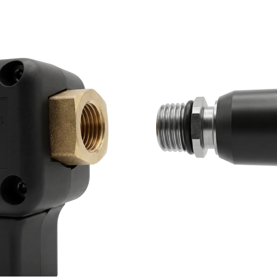 Wiggle Nozzle Drain Cleaning Hose & Trigger Gun Kit, 50 Foot - 3000 PSI, 3/8" Inlet, male hose fitting aligned with the brass gun inlet