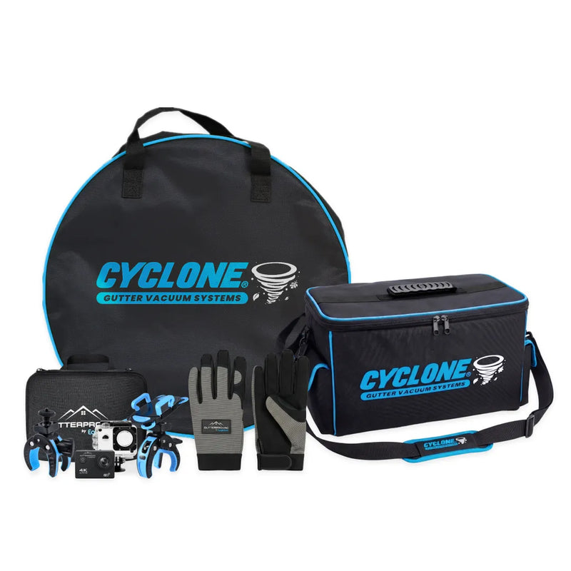 Cyclone Gutter Vac Add-On Kit contents: 4K inspection camera, Cyclone hose bag, cart bag and GutterProVac gloves