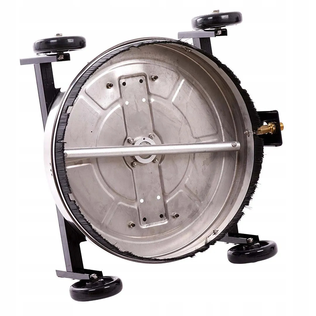 21" Stainless Steel Rotating Roof Cleaner for Pressure Washers, underside view showing the rotating spray bar, bristle skirt and four black wheels