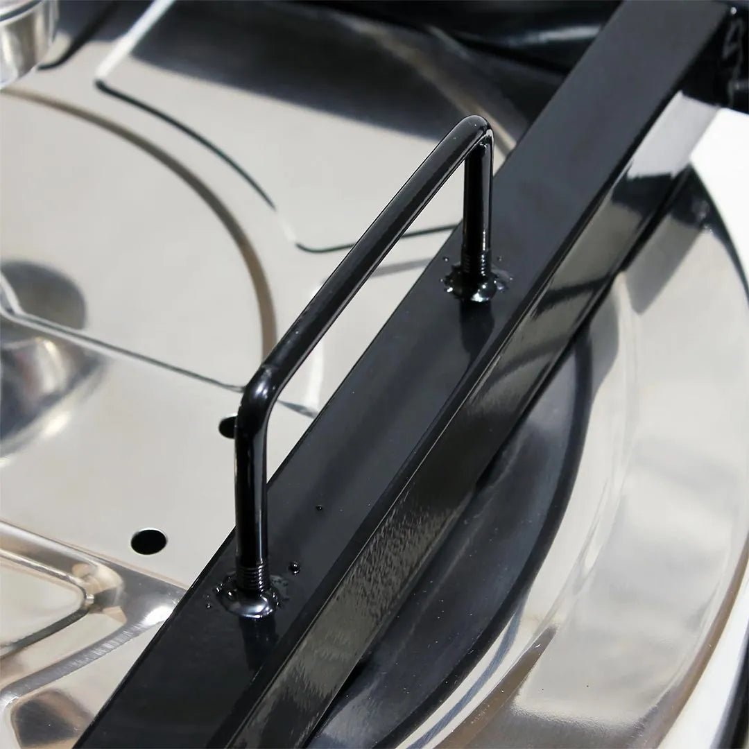 21" Stainless Steel Rotating Roof Cleaner for Pressure Washers, close-up of a black lifting handle welded over the polished steel deck