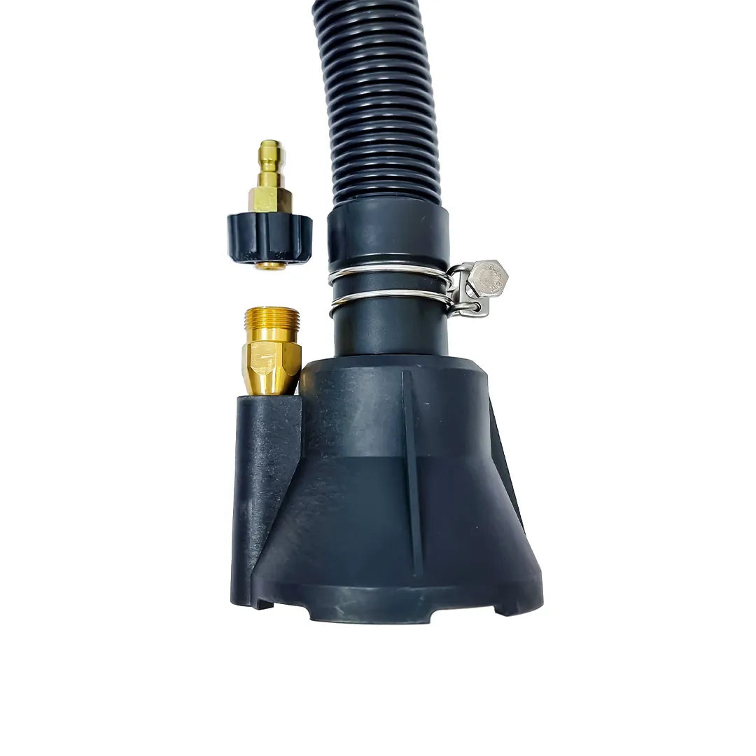Sludge Sucker for High-Volume Water & Slurry Transfer - Pressure Washer Attachment, intake head with brass connector detached beside threaded inlet