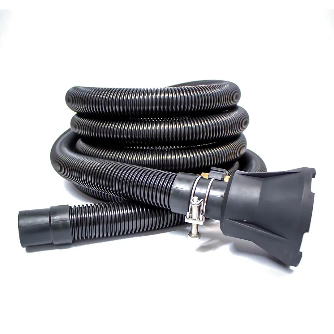 Sludge Sucker for High-Volume Water & Slurry Transfer - Pressure Washer Attachment, coiled black corrugated hose with wide intake head and clamp