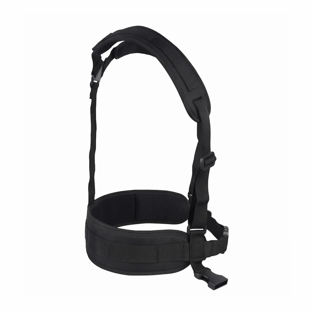 Replacement Belt Harness for Telescopic Pressure Washer Wands, side view showing curved shoulder straps, padded waist belt and buckles