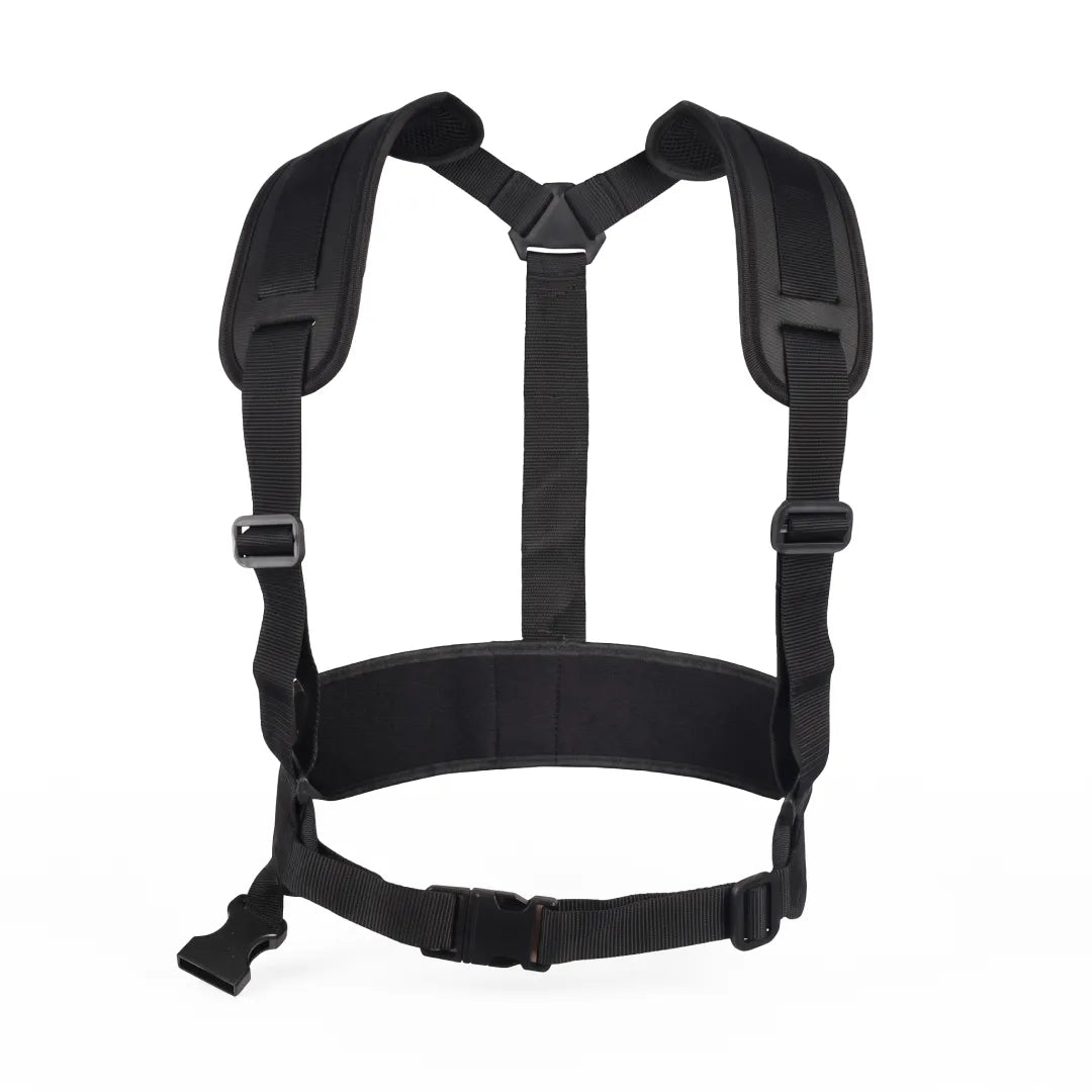 Replacement Belt Harness for Telescopic Pressure Washer Wands, front view with padded shoulders, adjustable straps, waist belt and buckle