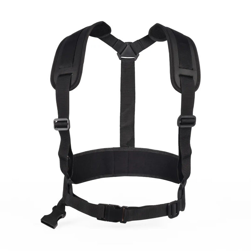 Replacement Belt Harness for Telescopic Pressure Washer Wands, front view with padded shoulders, adjustable straps, waist belt and buckle