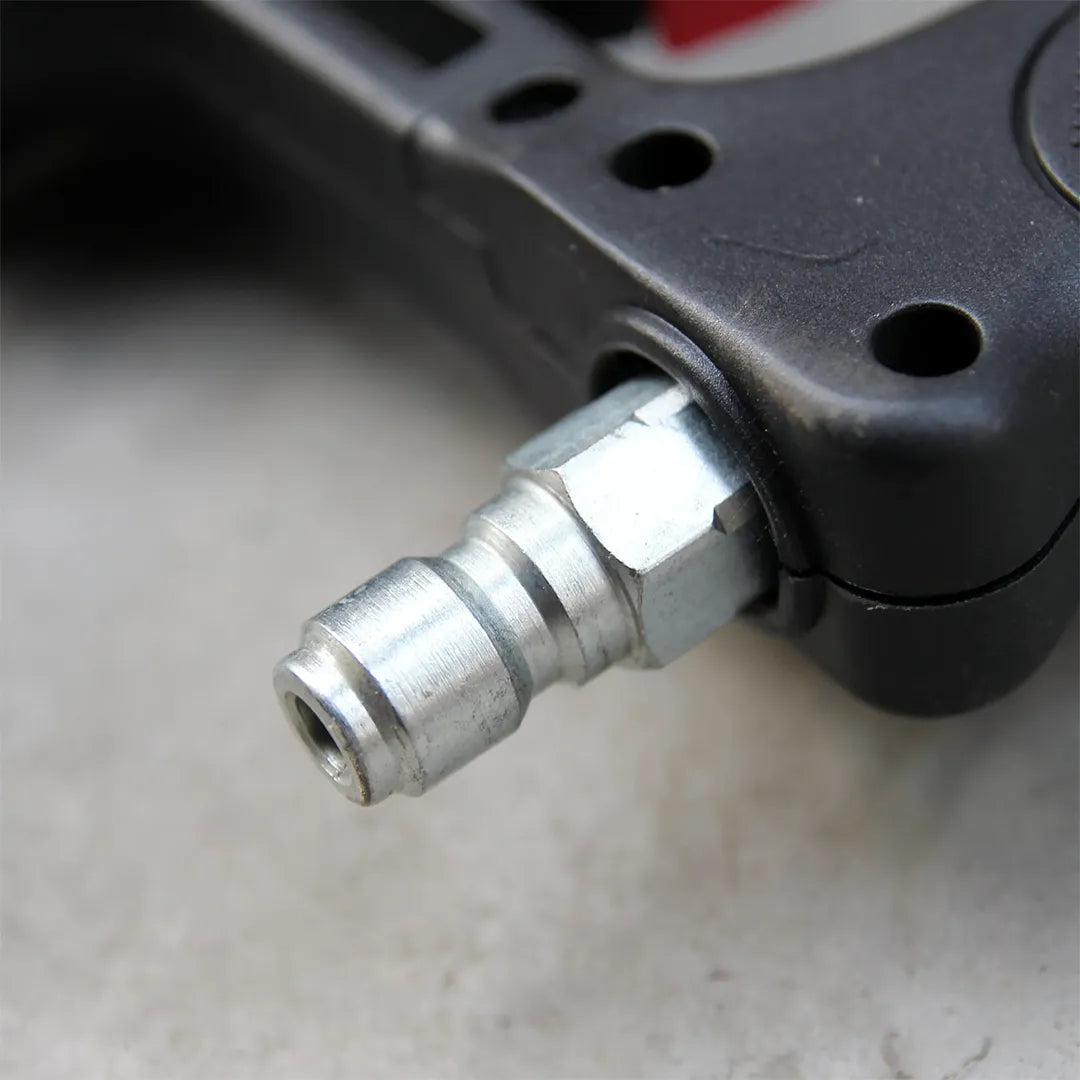 24 ft Aluminum Telescoping Pressure Washer Wand with Trigger Gun & Belt, close-up of the silver quick-connect plug on the trigger gun