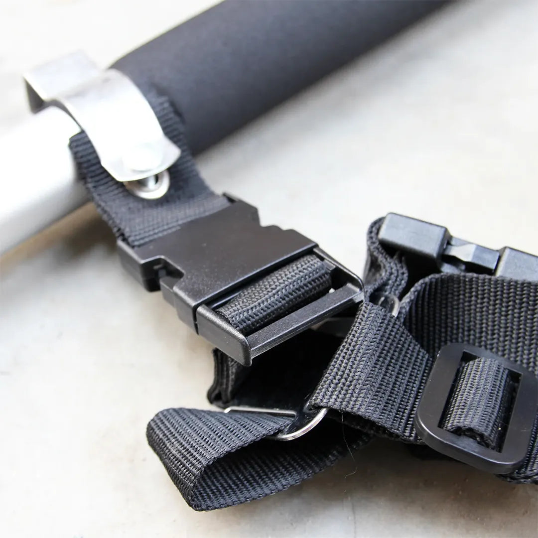 24 ft Aluminum Telescoping Pressure Washer Wand with Trigger Gun & Belt, close-up of the black belt buckle and adjustable straps attached to the wand