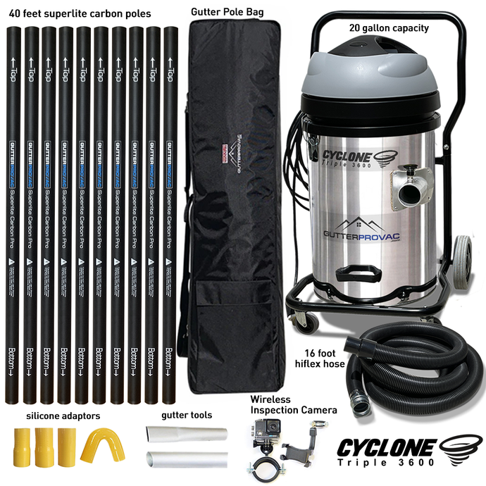 Cyclone Triple 3600 20 Gallon Gutter Vacuum, 40 Foot Carbon Gutter Poles, Pole Bag and Inspection Camera Kit