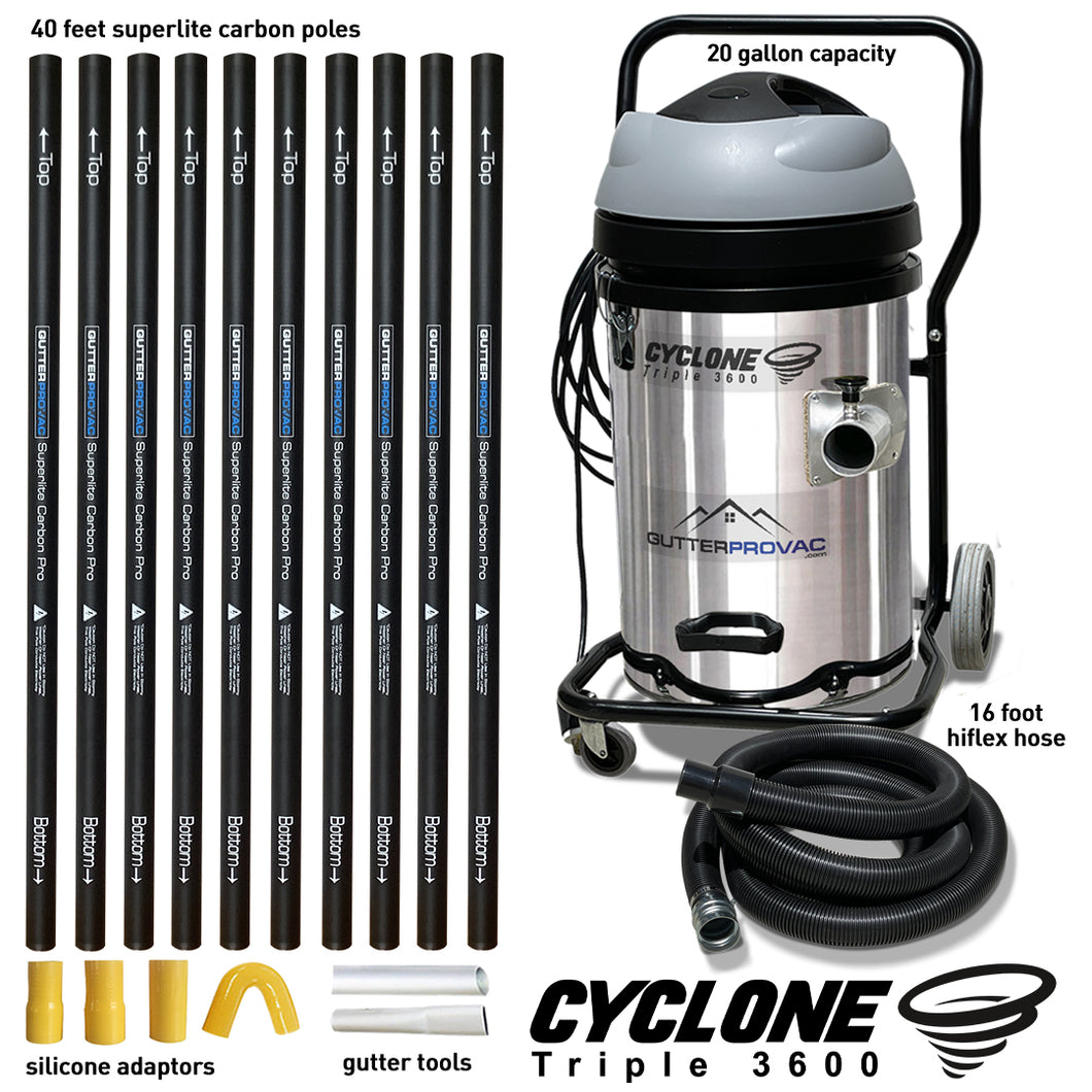 Cyclone Triple 3600 Gutter Vacuum (20gal) with 40 foot Carbon Gutter Poles
