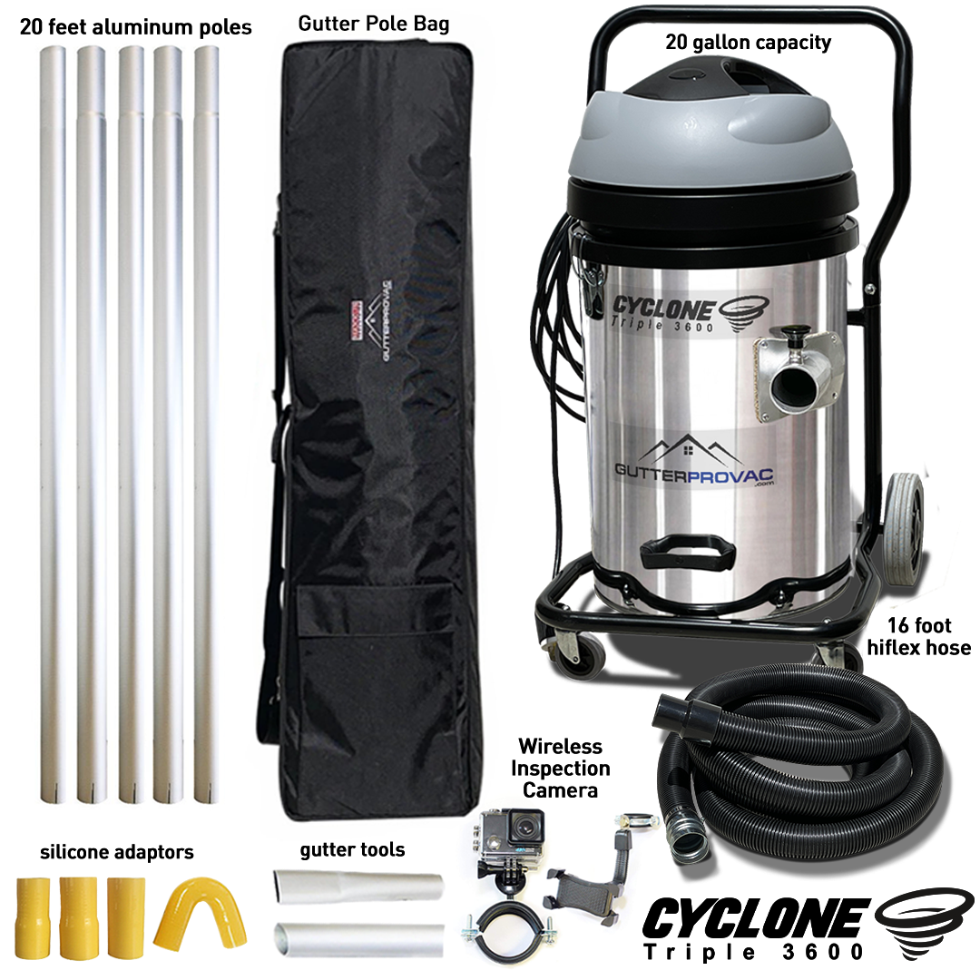 Cyclone Triple 3600 20 Gallon Gutter Vacuum Bundle, 20 Foot Aluminum Gutter Poles, Pole Carry Bag & Inspection Camera
