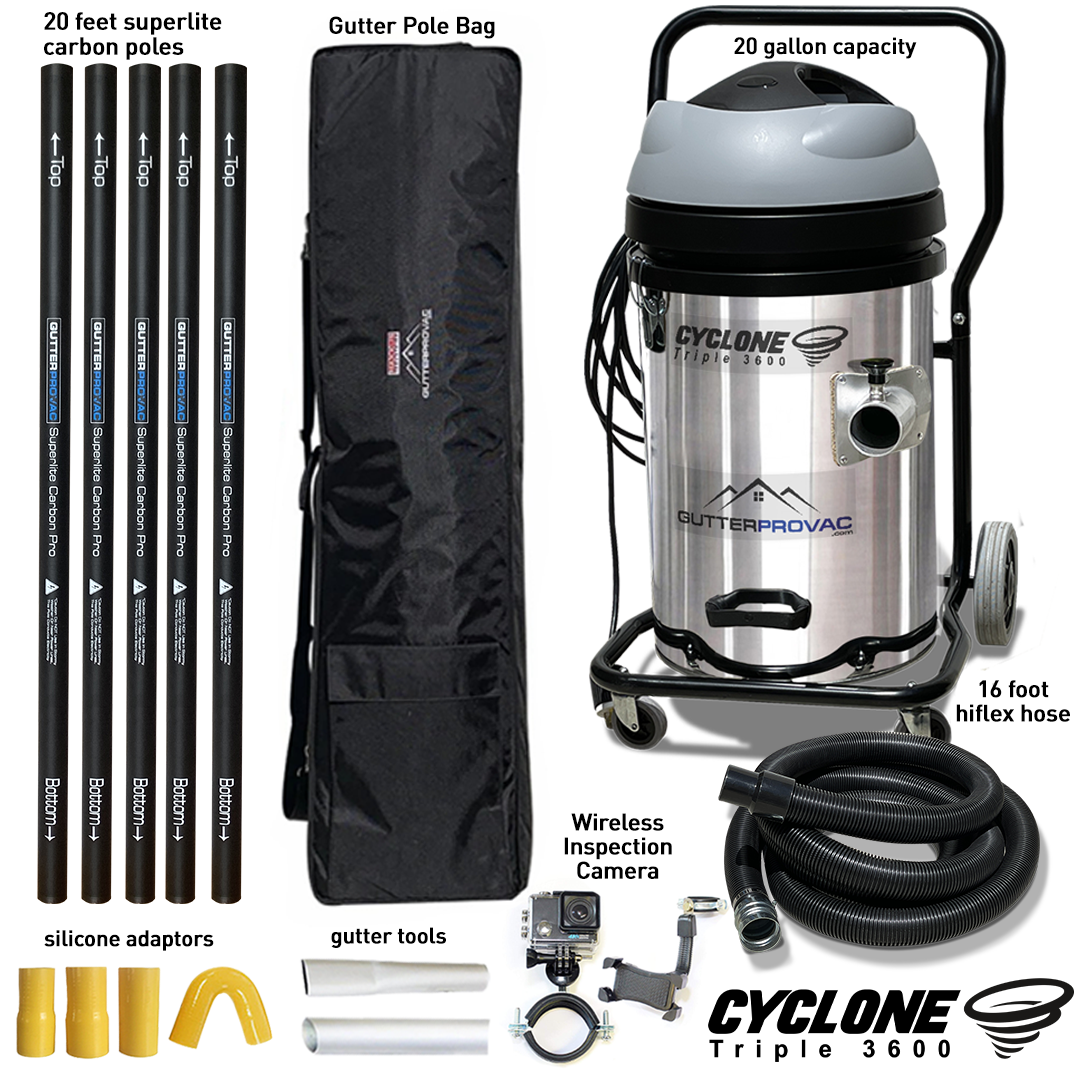 Cyclone Triple 3600 20 Gallon Gutter Vacuum, 20 Foot Carbon Gutter Poles, Pole Bag and Inspection Camera Kit