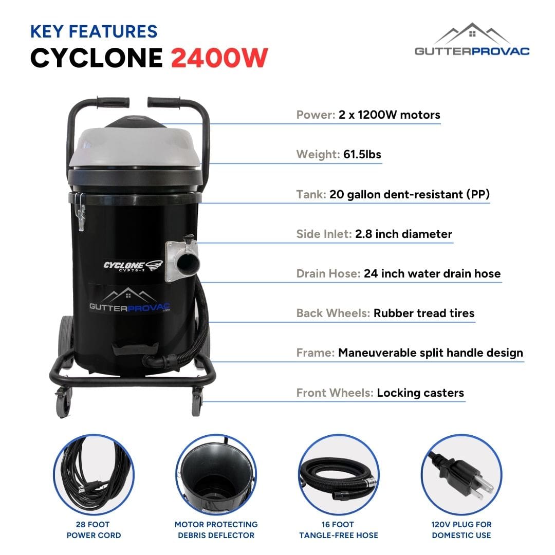 Cyclone 2400W 20 Gallon Polypropylene Domestic (120v) Gutter Vacuum with 28 Foot Aluminum Gutter Poles, and Bag