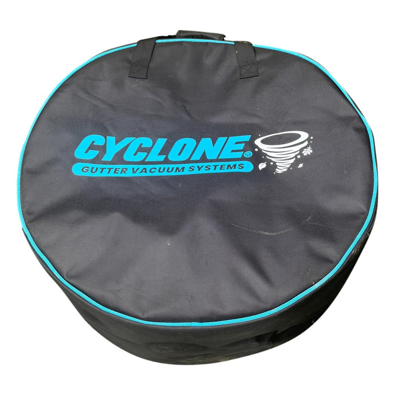 Cyclone gutter vacuum hose transport and storage bag with blue accents and carrying handles