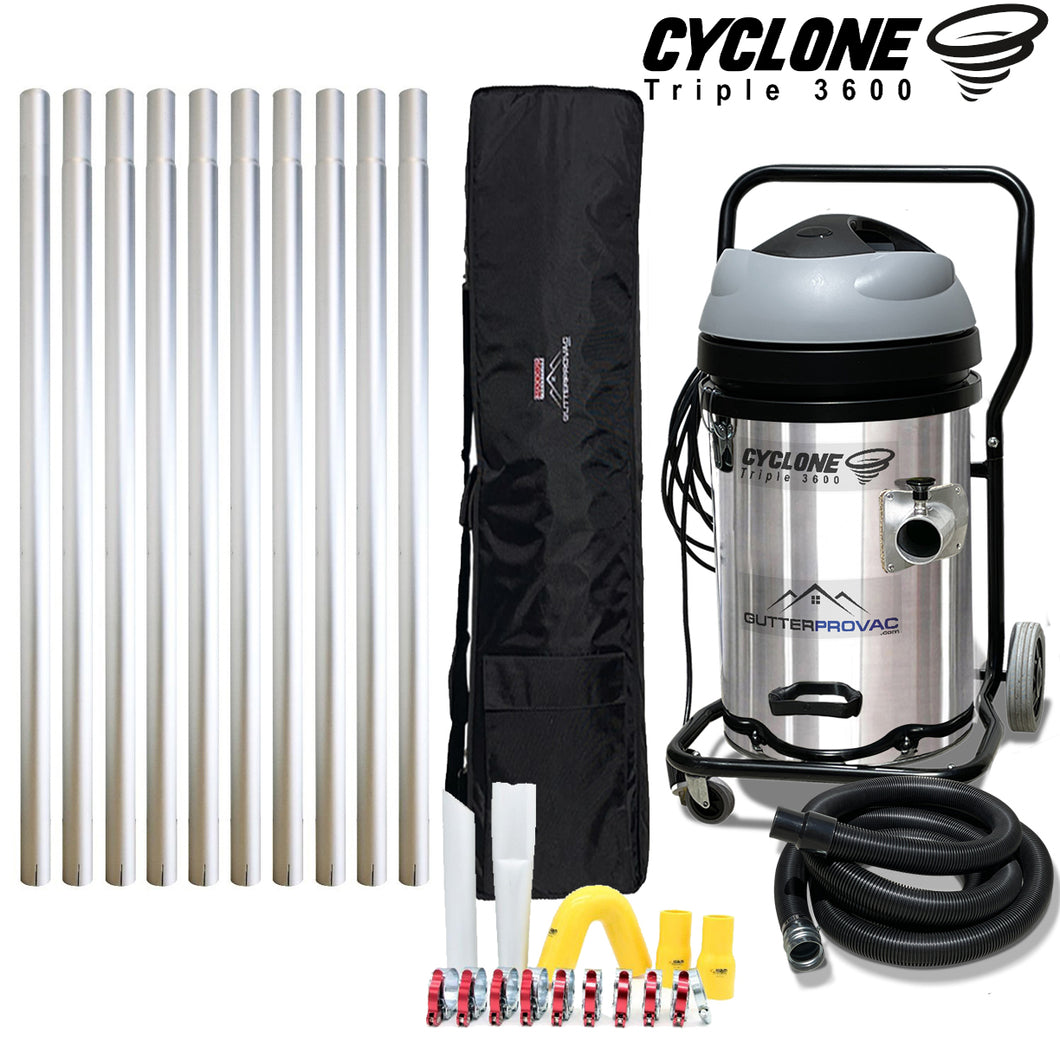 Cyclone Triple 3600 Gutter Vacuum (20gal), 40 Foot Aluminum Gutter Poles and Bag