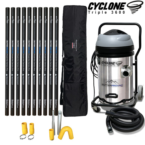 Cyclone Triple 3600 Gutter Vacuum (20gal), 40 Foot Tapered Carbon Gutter Poles and Bag
