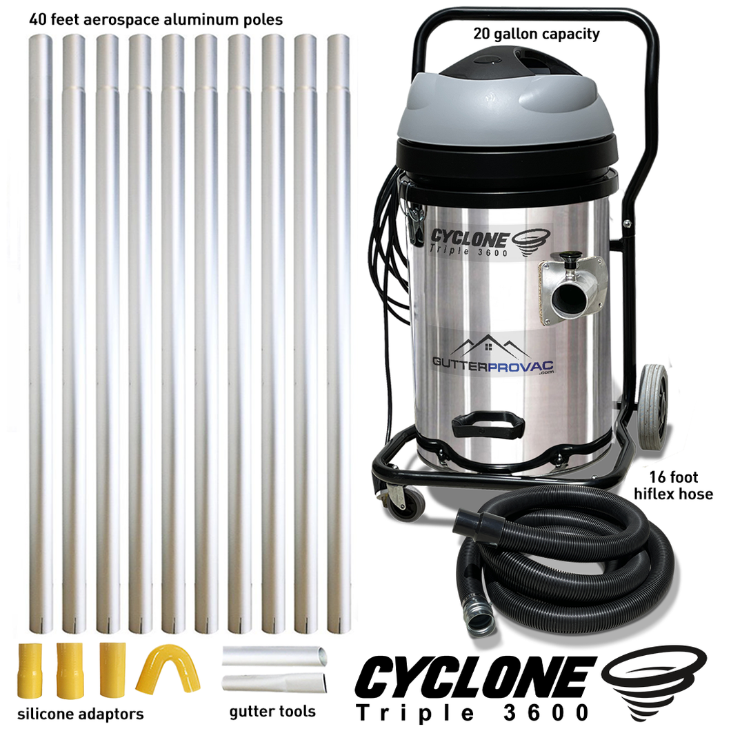 Cyclone Triple 3600 20 Gallon Gutter Vacuum and 40 Foot Aluminum Gutter Poles Kit