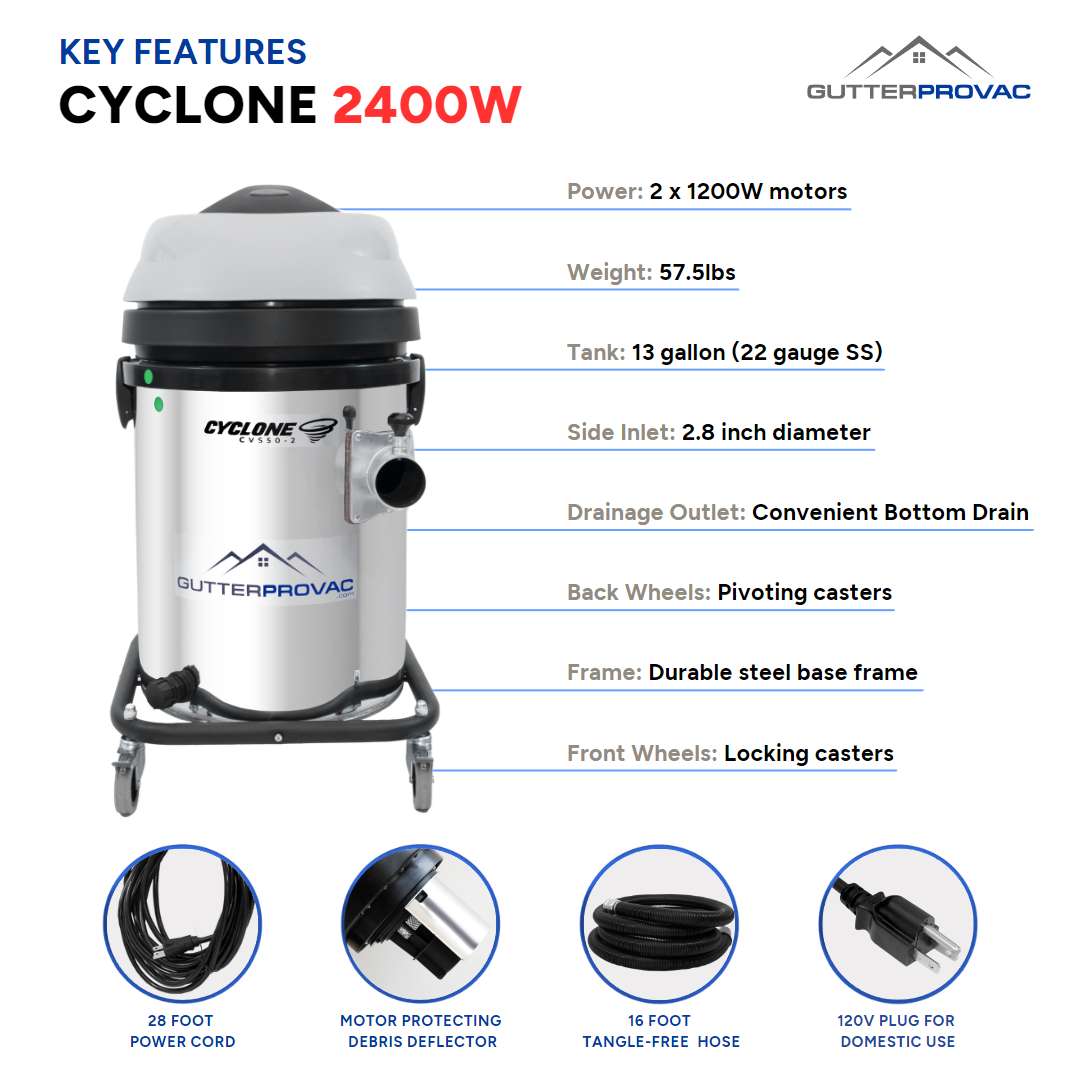Cyclone II 2400W Stainless Steel 13 Gallon Domestic 120v Gutter Vacuum with 28 Foot Aluminum Gutter Poles and Bag