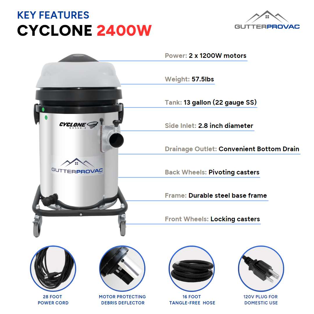 Cyclone 2400W Stainless Steel 13 Gallon Domestic 120v Gutter Vacuum with 28 Foot Aluminum Gutter Poles and Bag